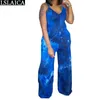 Fashion Casual Women's Clothing Tie-dye Printing Suspender Trousers Wide Leg Pants Loose Deep V Neck Sleeveless Outfit 210515