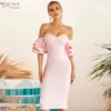 Summer Women Pink Off Shoulder Bodycon Bandage Dress Sexy Butterfly Short Sleeve Celebrity Runway Party Dresses 210423