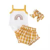 Été enfants ensembles de vêtements bébé filles jarretelle coton tenues barboteuse hauts + short avec bandeau 3 pièces/ensemble ZYY896