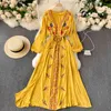 SINGREINY Retro Embroidery Flower Dress Women V Neck Puff Sleeve Casual A-line Dress Spring Casual Boho Vacation Long Dress 210419