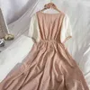 Costura de cor de contraste bolha de manga curta o pescoço vestido vintage verão estilo fino casual há longa vestidos 210420