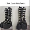 Grande taille 50 Design de luxe plate-forme talon épais mi-mollet bottes femmes Punk Cool gothique noir boucle chaussures femme