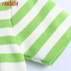 Tangada kvinnor grön randig beskurna stickade blusar vintage fyrkantig krage kortärmad kvinnlig tröjor chic toppar be538 210609