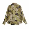 Camisa de manga larga Vintage para mujer, blusa de satén elegante amarilla con estampado Floral para mujer, blusas para mujer con cuello abotonado 210519