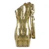 Automne Brillant Or Sequin Robe Moulante Sexy Asymétrique Une Épaule Creux Celebrity Club Party Mini Vestidos 210527