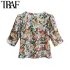 Traf Women Fashion Floral Imprimé Blouses Cradues Vintage V Cou Neck Sleeve côté Zipper Femelle Shirts Blusas Chic Tops 210415