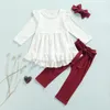 Conjunto de 3 uds para niñas pequeñas, estilo dulce a cuadros/encaje liso, dobladillo ancho, manga larga, cuello redondo, Tops, pantalones y tocados, 1-6T