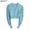 Kobiety Moda V Neck Rękaw Puff Hollow Out Crochet Krótki Dzianiny Sweter Kobiet Chic Diament Przycisk Cardigans Topy SW802 210420