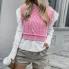 QNPQYX Neue Rosa Zopfmuster Pullover Weste Frauen Vintage High Neck Ärmellose Abgeschnitten Pullover Weste Frau Mode Niedlichen Westen Tops