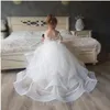 2021 meninas bonitos meninas vestidos branco laço apliques tulle jóia pescoço mangas compridas varrer trem comunhão crianças meninas vestidos de pageant aberto