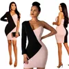 Kobiety Dress Est Bandaż Bodycon Z Długim Rękawem Z Długim Rękawem Patchwork One Ramię Wieczór Party Club Eleganckie Damskie Mini Odzież 210522