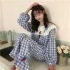 Alien Kitty Sweet Fashion Square Collar Princess Sleepwear Plaid Gentle Chic Donna Pigiama allentato Abiti freschi per la casa 210928