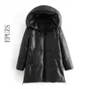 Winter Hooded Patded PU Parka Vrouwen Faux Leer Donsjack Vrouwelijke Losse Zipper Overjas Casual Warm Lange Jassen 211130