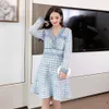 Nouvelle Arrivée Poule Chandail Femmes Femme Vintage Plaid Élégant Bureau À Manches Longues Chaud Gland Tricoté Robes Vestidos X0521