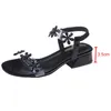 Rimocy Summer Crystal Flower Sandals Kvinnor 2021 Bekväma Square Heels Sandalias Mujer Fashion Black Silver Med Heel Sandaler Y0721