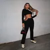 Women's Tracksuits Solid Two Piece Set Women Autumn Long Sleeve Crop Tops Tees Hollow Out Flare Pants Slim Matching Outfit Female Atirewear