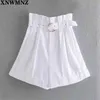 Mulheres moda white paperbag Bermuda shorts feminino com cinto alta-cintura turn-up hems zip fly calças 210520