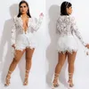 Women's Tracksuits White Floral Lace Sexy Two Piece Sets Club Outfits For Women 2021 See Through Top And Shorts Matching Party Clubwear