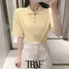 Women Fashion With Rhinestone Buttons Knitted Sweater Vintage Lapel Collar Short Sleeve Female Pullovers Chic Tops 210507