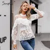 Ruffled lace mesh embroidery white women blouse shirt Elegant hollow out long sleeve female Sexy ladies party tops 210414