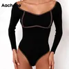 Fashion Lady Patchwork Knitted Bodysuits Long Sleeve Bodycon Jumpsuits Sexy Women Body Suit Combinaison Femme 210413