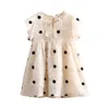 Summer Fashion European American Style Design 2 3 4 5 6 7 8 9 10 Years Kids Elegant Beige Bow Dot Dress For Baby Girls 210625