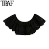 TRAF女性スイートファッションカットワーク刺繍クロップドブラウスビンテージスラッシュネックショートスリーブ女性シャツシックトップ210415