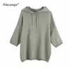 Women Vintage Linen Blend Loose Knitted Hoodies Fashion Hooded Half Sleeves Leisure Female Pullovers Chic Tops 210521