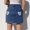 Streetwear Miłość Wzór Spódnica Kobiety Lato Wysoka Talia Ripped Mini Denim Spódnice Kobiet Tide 5C752 210427
