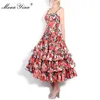 Fashion Designer Runway Ball Gown Dress Summer Women Spaghetti strap Backless Floral Print Cascading Ruffle Beach 210524