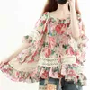 Women Boho Blouses Floral Print Ruffles Flare Sleeve Blusas Flower Shirts Lace Patchwork Loose Female Summer Chiffon Tops 210416