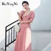 Femmes élégantes Sexy robe de soirée solide été manches bouffantes longues a-ligne robes dames de luxe français Vestidos rose vêtements 210506