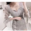 Summer Slim Sleeve Hip Dress Office Lady Lace Knee-Length Polyester Zippers 210416