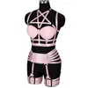 Bras Sets Leuke Roze Gotische Lingerie Set Body Harness BH Elastic Top Pentagram Cup Dames Sexy Kouseband Bowknot Peen Cage Belt Underwear