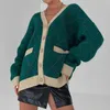 Oversized Argyle Stickad Cardigan Kvinnor Sweater Y2K Patchwork Plaid Loose V-Neck Sweaters Kvinna Höst Vintage Lady Top 211011