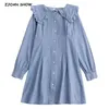 Retro blue Denim Long sleeve Dress Vintage Woman Ruffles Peter Pan Collar Ruched Single-breasted Button Shirt Short Dresses 210429