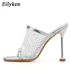 Pantoufles Eilyken Mode Femmes Serpent Imprimer Peep Toe Talons Aiguilles Été Creux Respirant Maille Couleur Diamant Parti Chaussures 220308