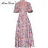 Mode Runway Summer Vintage Klänningar Kvinnors Butterfly Sleeve Lace Patchwork Floral Print Vacation Midi Dress 210524