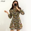 Wiosna Jesień Kobiety Elegancki Rękaw Puff Rękaw Kwiatowy Drukuj Dress Casual Lady Seaside Beach Vintage Długie Mini 210423