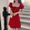Polka Dot Vintage Women Dress High Waist Fashion Vestidos Red A-line Spring Summer Dresses Korean Square Collar 15628 210415