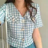 Koreaanse vintage plaid korte jas jas vrouwen zomer mouw v-hals enkele breasted tops elegante stijlvolle dames uitloper 210513