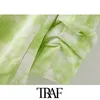 TRAF Moda Donna Tie-dye Stampa Open Stitch Blazer Coat Vintage Pieghettato Manica lunga Capispalla femminile Chic Top 210415