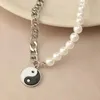 Chokers Round Pearl Beads Yin Yang Taichi Pendant Stainless Steel Chain Unisex Necklace Couple Jewelry Women Mens2805