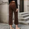 Soltos Senhoras Brown Plus Size Calças Palazzo Vintage Cintura alta Outono Mulheres Mulheres Sólidas Calças Sólidas 210414