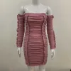 Summer Strapless Lace Club Sexy Pleated Long Sleeve Pink Mini Bodycon Celebrity Runway Party Dress Vestidos 210525