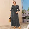 Plus Size Dress Summer Women Fashion Three Quarter Sleeve Striped Print Casual Dress Black Ruffles Maxi Long Dresses 210630