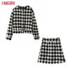 women Houndstooth pattern knit sweater suit 2 piece set oversize tops and skirts high quality SP01 210416