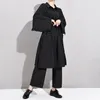 [EAM] 넓은 다리 바지 스트라이프 두 조각 정장 옷깃 긴 소매 검은 느슨한 맞는 여성 패션 봄 가을 YG218 210512