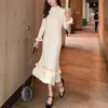 Green Pink Stand Collar Long Sleeve Ruffle Knitted Solid Knee Length Sheath Bodycon Autumn Winter Dress Elegant D1384 210514