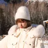 Vinter verklig kanin päls stickade mössa för kvinnor mode solid varma cashmere ull skullies kvinnliga tre gånger tjocka hattar 211119